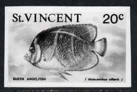 St Vincent 1975 Queen Angelfish 20c stamp size Black & white  photographic proof similar to issued stamp but with thicker lettering and without imprint, as SG 433, stamps on fish