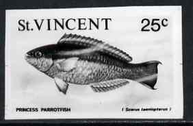 St Vincent 1975 Princess Parrotfish 25c stamp size Black & white  photographic proof similar to issued stamp but with thicker lettering and without imprint, as SG 434, stamps on , stamps on  stamps on fish