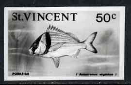St Vincent 1975 Porkfish 50c stamp size Black & white  photographic proof similar to issued stamp but with thicker lettering and without imprint, as SG 437, stamps on , stamps on  stamps on fish