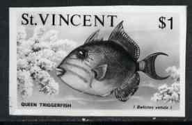 St Vincent 1975 Queen Triggerfish $1 stamp size Black & white  photographic proof similar to issued stamp but with thicker lettering and without imprint, as SG 440, stamps on fish