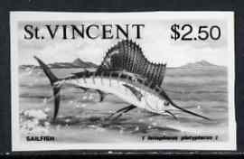 St Vincent 1975 Sailfish $2.50 stamp size Black & white  photographic proof similar to issued stamp but with thicker lettering and without imprint, as SG 441, stamps on fish, stamps on gamefish