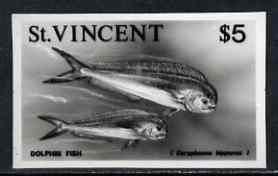 St Vincent 1975 Dolphin Fish $5 stamp size Black & white  photographic proof similar to issued stamp but with thicker lettering and without imprint, as SG 442, stamps on fish, stamps on gamefish