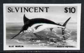 St Vincent 1975 Blue Marlin $10 stamp size Black & white  photographic proof similar to issued stamp but with thicker lettering and without imprint, as SG 443, stamps on , stamps on  stamps on fish, stamps on  stamps on gamefish