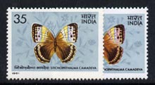 India 1981 Butterflies 35p with pink virtually missing on wings plus normal, both unmounted mint, SG 1019var, stamps on butterflies
