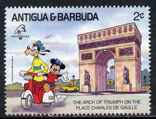 Antigua 1989 Scooter Ride past Arc de Triomphe 2c (from Disney Philexfrance '89 set) unmounted mint, SG 1300, stamps on motorbikes, stamps on monuments, stamps on heritage