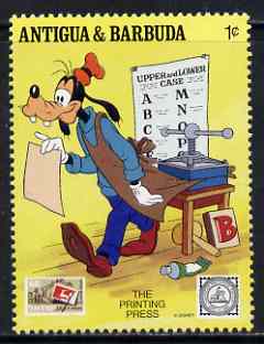 Antigua 1989 The Printing Press 1c (from Disney 'American Philately' set) unmounted mint, SG 1327, stamps on printing