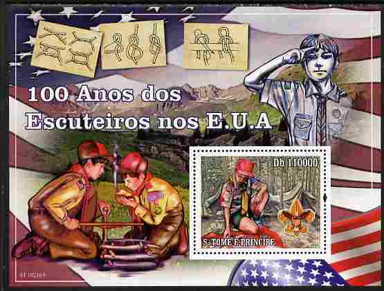 St Thomas & Prince Islands 2010 Centenary of Scouting in America perf souvenir sheet unmounted mint , stamps on scouts, stamps on flags, stamps on music, stamps on americana