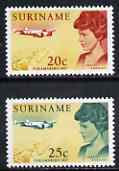 Surinam 1967 30th Anniversary of Visit of Amelia Earhart set of 2 unmounted mint, SG 613-14, stamps on personalities, stamps on aviation, stamps on women