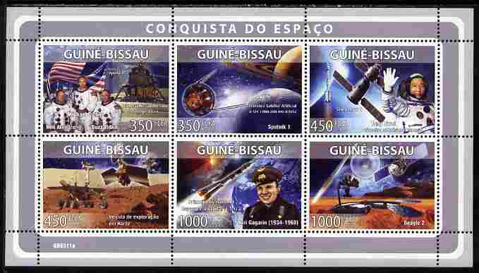 Guinea - Bissau 2008 Space Missions perf sheetlet containing 6 values unmounted mint Michel 3993-98, stamps on personalities, stamps on space, stamps on apollo, stamps on satellites, stamps on planets