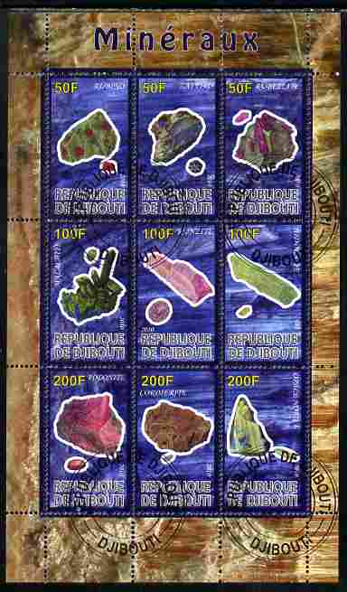 Djibouti 2010 Minerals perf sheetlet containing 9 values fine cto used, stamps on minerals