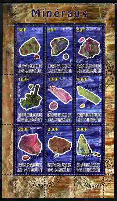 Djibouti 2010 Minerals perf sheetlet containing 9 values fine cto used, stamps on , stamps on  stamps on minerals