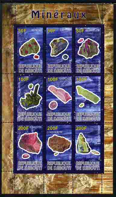 Djibouti 2010 Minerals perf sheetlet containing 9 values unmounted mint, stamps on , stamps on  stamps on minerals