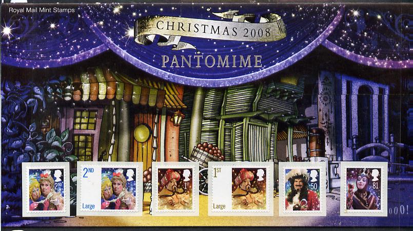 Great Britain 2008 Christmas - Pantomine self-adhesive set of 6 in official presentation pack SG 2876-81, stamps on christmas, stamps on theatre, stamps on children, stamps on pirates, stamps on self adhesive