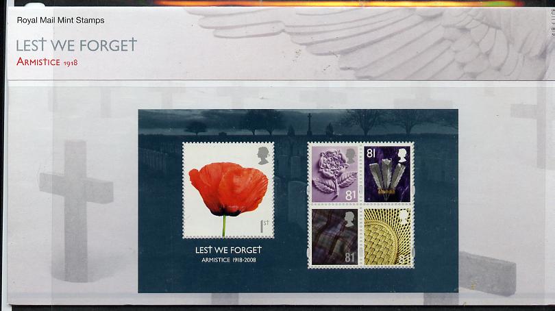 Great Britain 2008 Lest We Forget m/sheet in official presentation pack SG MS 2886, stamps on , stamps on  stamps on flowers, stamps on  stamps on poppies, stamps on  stamps on  ww2 , stamps on  stamps on  ww1 , stamps on  stamps on 