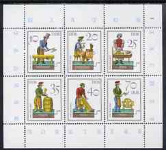 Germany - East 1982 Mechanical Toys perf sheetlet containing set of 6 values unmounted mint, SG E2475a, stamps on , stamps on  stamps on toys, stamps on  stamps on shoes, stamps on  stamps on carpenter, stamps on  stamps on baker