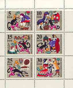 Germany - East 1968 Fairy Tales #03 - Puss in Boots, perf sheetlet containing set of 6 values unmounted mint, SG E1147a, stamps on , stamps on  stamps on fairy tales, stamps on  stamps on literature, stamps on  stamps on cats, stamps on  stamps on shoes