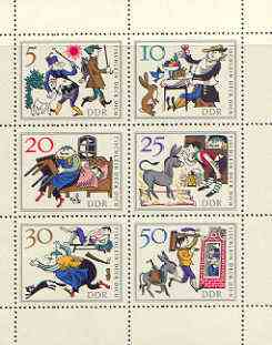 Germany - East 1966 Fairy Tales #01 - The Wishing Table, perf sheetlet containing set of 6 values unmounted mint, SG E957a, stamps on , stamps on  stamps on fairy tales, stamps on  stamps on literature, stamps on  stamps on donkeys