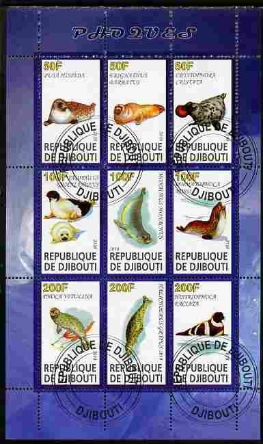Djibouti 2010 Seals perf sheetlet containing 9 values fine cto used, stamps on animals, stamps on marine life, stamps on seals, stamps on mammals