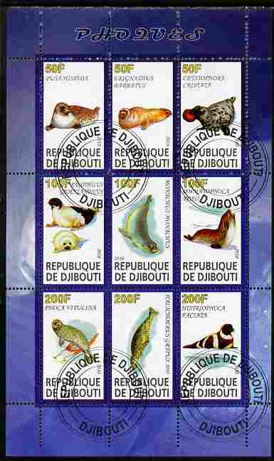 Djibouti 2010 Seals perf sheetlet containing 9 values fine cto used, stamps on , stamps on  stamps on animals, stamps on  stamps on marine life, stamps on  stamps on seals, stamps on  stamps on mammals