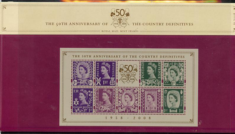 Great Britain 2008 50th Anniversary of Country Definitives perf m/sheet in official presentation pack SG MS NI 111, stamps on heritage, stamps on bridges, stamps on saints, stamps on snakes