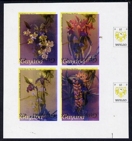 Guyana 1985-89 Orchids Series 2 Plate 46, 55, 57 & 81 (Sanders' Reichenbachia) unmounted mint imperf se-tenant sheetlet of 4 in blue & red colours only with black & yellow from another value (plate 73) printed inverted, most unusual and spectacular, stamps on , stamps on  stamps on flowers  orchids