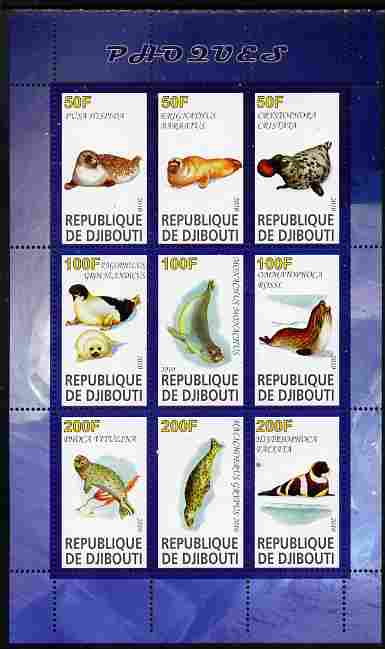 Djibouti 2010 Seals perf sheetlet containing 9 values unmounted mint, stamps on animals, stamps on marine life, stamps on seals, stamps on mammals