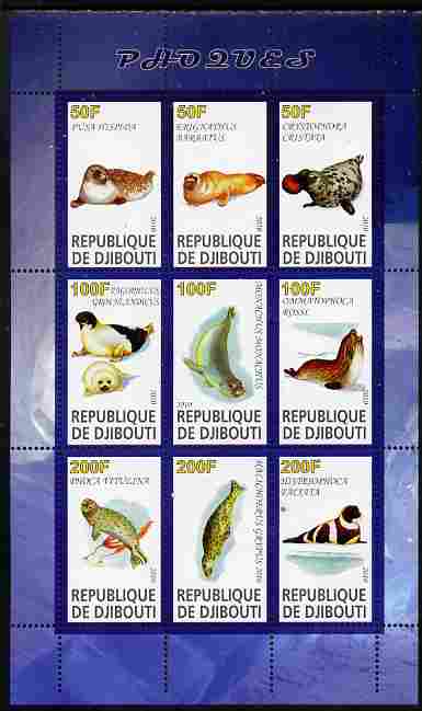 Djibouti 2010 Seals perf sheetlet containing 9 values unmounted mint, stamps on , stamps on  stamps on animals, stamps on  stamps on marine life, stamps on  stamps on seals, stamps on  stamps on mammals