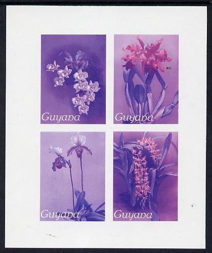 Guyana 1985-89 Orchids Series 2 Plate 46, 55, 57 & 81 (Sanders Reichenbachia) unmounted mint imperf se-tenant sheetlet of 4 in blue & red colours only, stamps on flowers  orchids