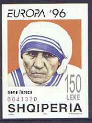 Albania 1996 Europa - Famous Women (Mother Teresa) imperf m/sheet unmounted mint, SG MS 2628, stamps on , stamps on  stamps on europa, stamps on  stamps on teresa, stamps on  stamps on nobel, stamps on  stamps on women, stamps on  stamps on 