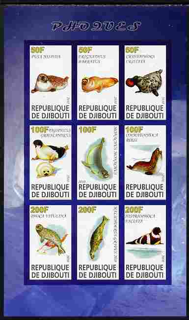 Djibouti 2010 Seals imperf sheetlet containing 9 values unmounted mint, stamps on , stamps on  stamps on animals, stamps on  stamps on marine life, stamps on  stamps on seals, stamps on  stamps on mammals