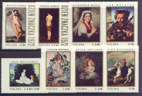 Poland 1972 Stamp Day - Polish Paintings perf set of 8 unmounted mint, SG 2172-79, stamps on , stamps on  stamps on arts, stamps on  stamps on nudes