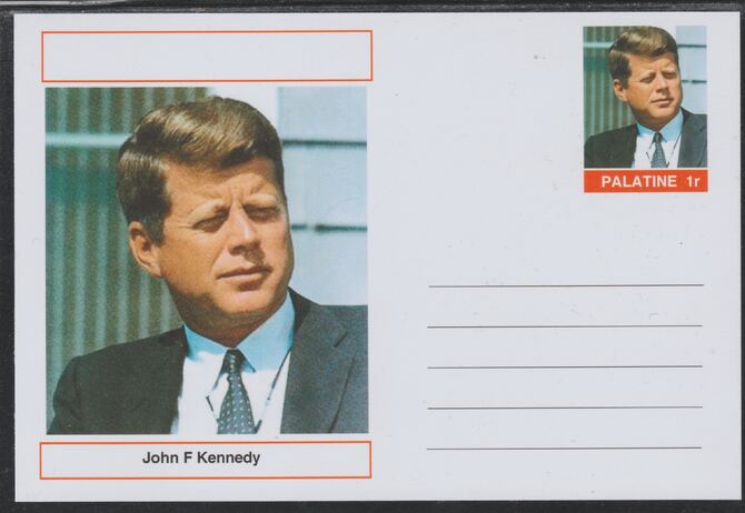 Palatine (Fantasy) Personalities - John F Kennedy (35th USA President) postal stationery card unused and fine, stamps on personalities, stamps on kennedy, stamps on usa presidents, stamps on americana