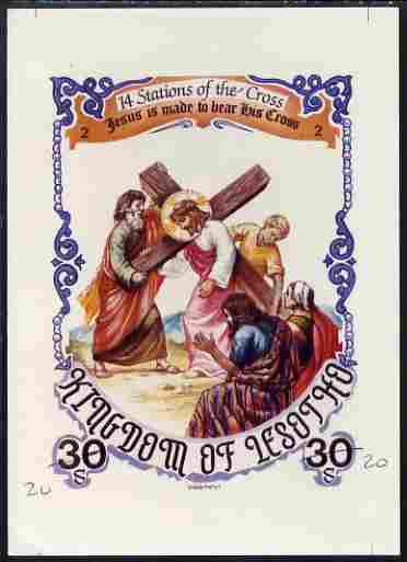 Lesotho 1985 Easter The Stations of the Cross #02 - Jesus is made to bear the Cross - imperf cromalin (plastic-coated proof) as issued but without blue background, with Artist's name and denominated 30s (crossed out and marked 20) overal size 130 x 175 mm with approval signature and handstamp on reverse, almost certainly unique. as SG 621, stamps on , stamps on stamps on arts, stamps on stamps on easter, stamps on stamps on religion