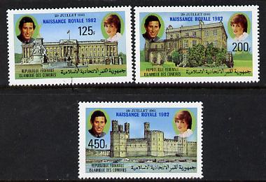 Comoro Islands 1982 Birth of Prince William opt on perf Royal Wedding set of 3 unmounted mint, SG 485-7, stamps on royalty, stamps on charles, stamps on diana, stamps on william