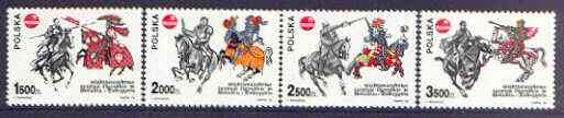 Poland 1993 Polska 93 Stamp Exhibition (Jousting) perf set of 4 unmounted mint, SG 3466-69, stamps on stamp exhibitions, stamps on horses, stamps on militaria