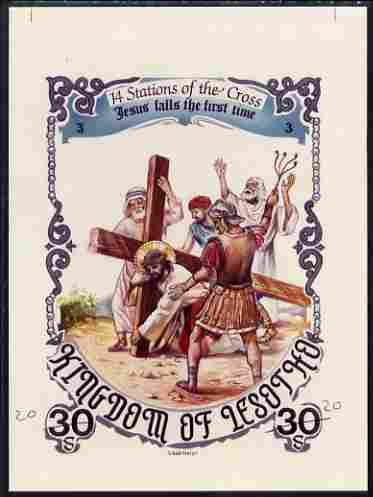 Lesotho 1985 Easter The Stations of the Cross #03 - Jesus falls the first time - imperf cromalin (plastic-coated proof) as issued but without blue background, with Artist's name and denominated 30s (crossed out and marked 20) overal size 130 x 175 mm with approval signature and handstamp on reverse, almost certainly unique. as SG 622, stamps on , stamps on stamps on arts, stamps on stamps on easter, stamps on stamps on religion