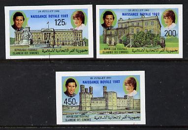 Comoro Islands 1982 Birth of Prince William opt on imperf Royal Wedding set of 3 unmounted mint, as SG 485-7, stamps on , stamps on  stamps on royalty, stamps on  stamps on charles, stamps on  stamps on diana, stamps on  stamps on william