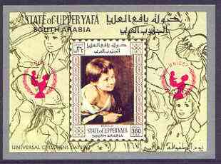 Aden - Upper Yafa 1967 UNICEF - Paintings of Children imperf m/sheet (Murillo) unmounted mint, Mi BL15, stamps on , stamps on  stamps on arts, stamps on  stamps on children, stamps on  stamps on murillo, stamps on  stamps on unicef