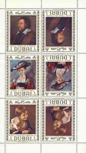 Dubai 1967 Paintings perf m/sheet containing the set of 3 each in tete-beche pairs unmounted mint, SG MS 256, stamps on , stamps on  stamps on arts, stamps on  stamps on children, stamps on  stamps on murillo, stamps on  stamps on rubens, stamps on  stamps on 