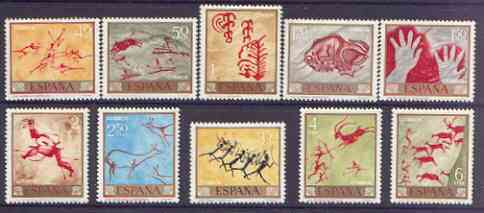 Spain 1967 Stamp Day - Cave Paintings set of 10 unmounted mint, SG 1837-46, stamps on postal, stamps on arts, stamps on caves