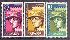 Spain 1962 World Stamp Day perf set of 3 unmounted mint, SG 1492-94, stamps on postal, stamps on stamp on stamp, stamps on mythology, stamps on stamponstamp