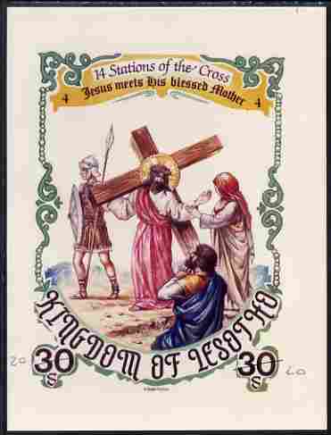 Lesotho 1985 Easter The Stations of the Cross #04 - Jesus meets his Blessed Mother - imperf cromalin (plastic-coated proof) as issued but without blue background, with Artist's name and denominated 30s (crossed out and marked 20) overal size 130 x 175 mm with approval signature and handstamp on reverse, almost certainly unique. as SG 623, stamps on , stamps on stamps on arts, stamps on stamps on easter, stamps on stamps on religion