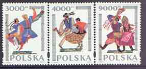 Poland 1994 Traditional Dances set of 3 unmounted mint, SG 3517-19, stamps on , stamps on  stamps on dancing, stamps on  stamps on costumes