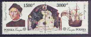 Poland 1992 Europa - 500th Anniversary of Discovery of America by Columbus set of 2 in se-tenant pair unmounted mint, SG 3403-4, stamps on , stamps on  stamps on europa, stamps on  stamps on explorers, stamps on  stamps on columbus, stamps on  stamps on ships, stamps on  stamps on maps