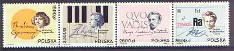 Poland 1992 Famous Poles perf set of 4 unmounted mint, SG3398-3401, stamps on , stamps on  stamps on personalities, stamps on  stamps on science, stamps on  stamps on medical, stamps on  stamps on music, stamps on  stamps on chopin, stamps on  stamps on literature, stamps on  stamps on physics, stamps on  stamps on astronomy