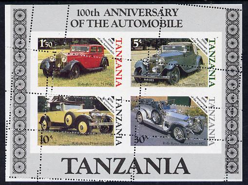 Tanzania 1986 Centenary of Motoring m/sheet with perforations dramatically misplaced and partly doubled unmounted mint (SG MS 460), stamps on , stamps on  stamps on cars     rolls-royce