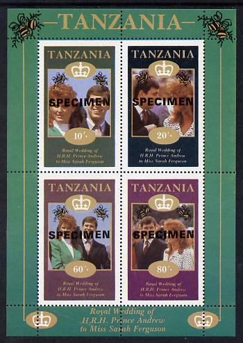 Tanzania 1986 Royal Wedding (Andrew & Fergie) the unissued perf sheetlet containing 10s, 20s, 60s & 80s values overprinted Specimen, unmounted mint, stamps on , stamps on  stamps on royalty, stamps on  stamps on andrew, stamps on  stamps on fergie, stamps on  stamps on bells