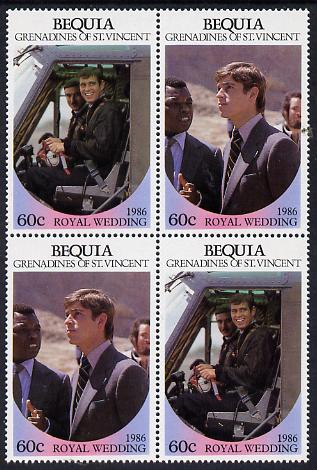 St Vincent - Bequia 1986 Royal Wedding 60c in unmounted mint block of 4 (2 se-tenant pairs) , stamps on , stamps on  stamps on royalty       andrew & fergie       helicopter