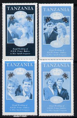 Tanzania 1986 Royal Wedding (Andrew & Fergie) the unissued perf set of 4 values (10s, 20s, 60s & 80s) in proof singles printed in blue & black colours only unmounted mint, stamps on , stamps on  stamps on royalty, stamps on  stamps on andrew, stamps on  stamps on fergie, stamps on  stamps on 