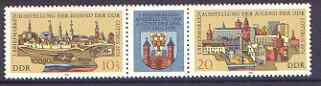 Germany - East 1978 National Youth Stamp Exhibition se-tenant pair plus label unmounted mint, SG E2058a, stamps on stamp exhibitions, stamps on heraldry, stamps on arms